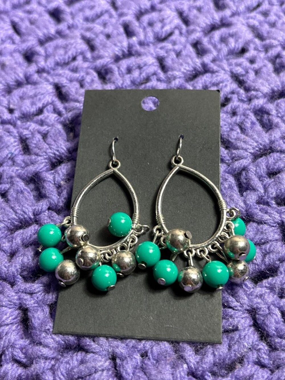 Silvertone Teardrop Beaded Dangle Earrings Green 1.75 inches